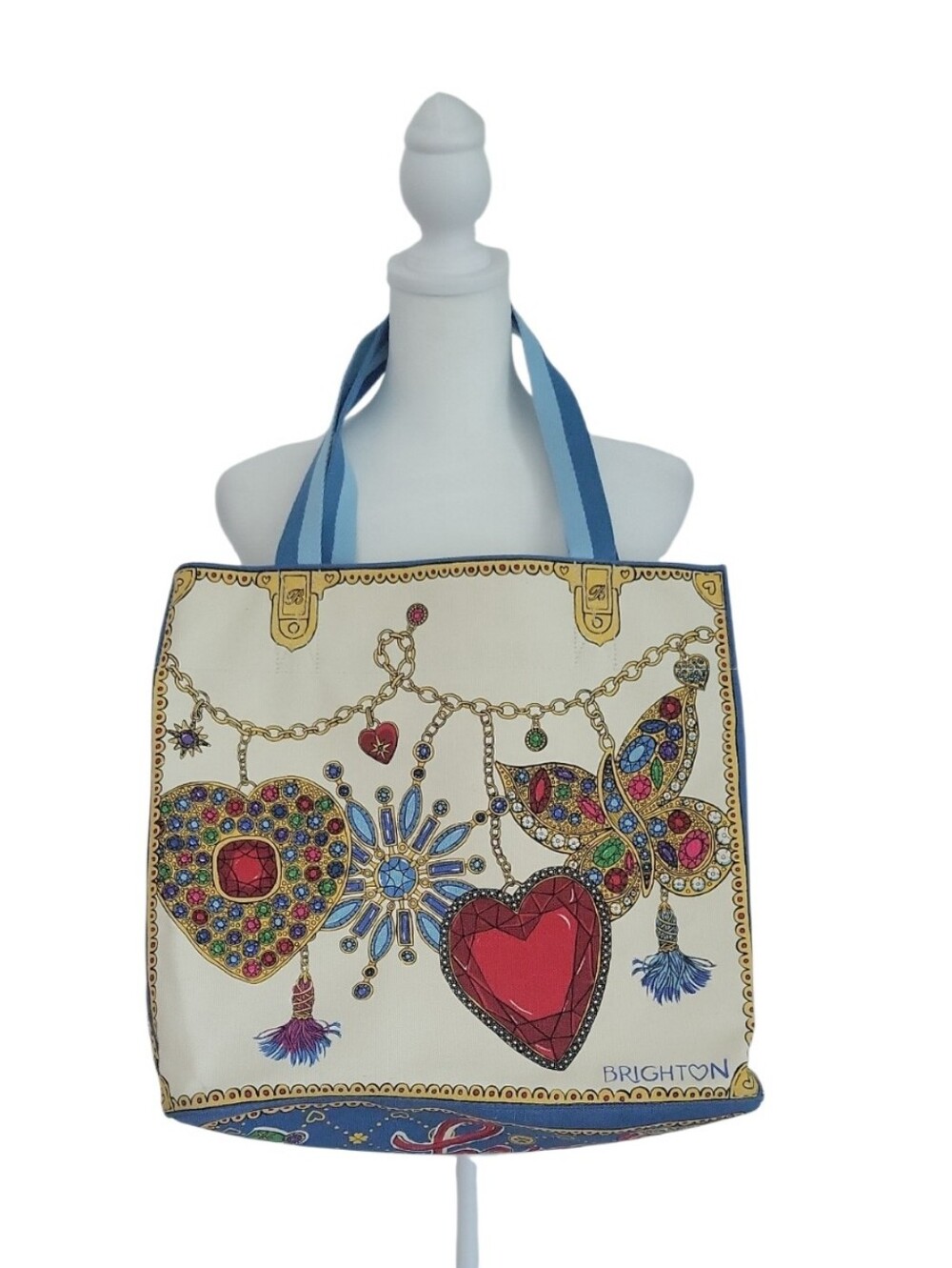 Brighton Cream Tote with Multicolor Jeweled Heart and Butterfly Design NWOT